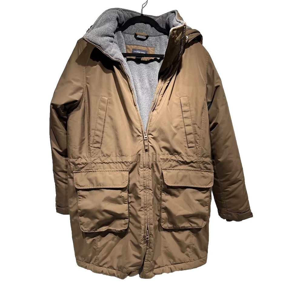 LANDS' END Womens BRown HOODED‎ Cinch Waist FLEECE LINED JACKET Coat Size S